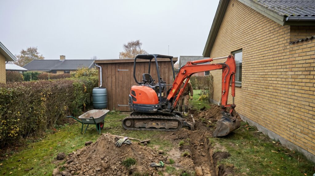 overlap-kloak-jord, sewer_groundwork, work, outdoor, kloak,afløb,brønd,dræn,udgravning,jordarbejde,faskine,regnvand, Minigraver forbereder rende til regnvandsløsning i dansk have., ved et dansk parcelhus., dansk bolig, håndværk, renovering, vedligeholdelse, pris, tilbud, sewer_groundwork, work, outdoor, kloak,afløb,brønd,dræn,udgravning,jordarbejde,faskine,regnvand