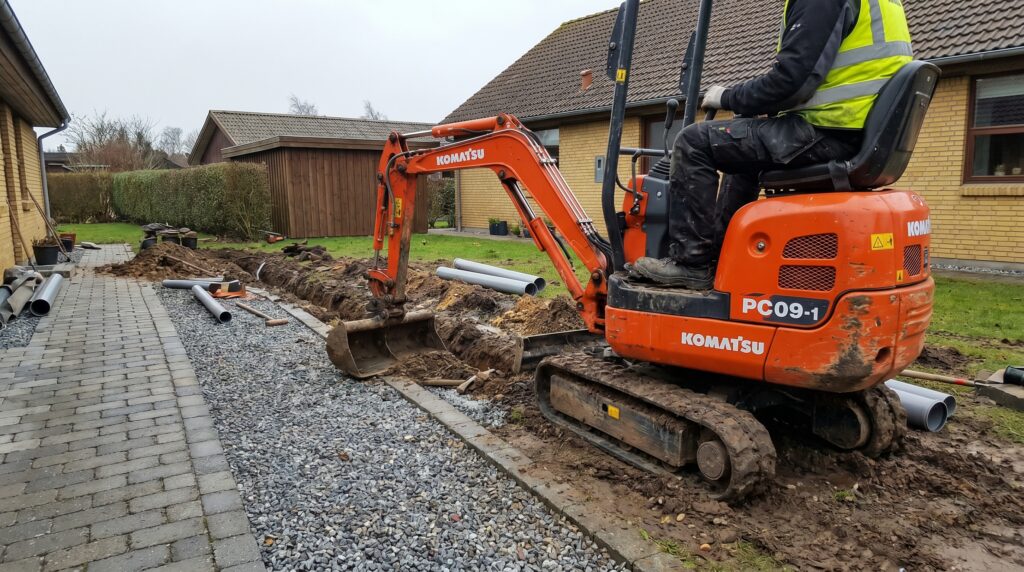 overlap-kloak-jord, sewer_groundwork, work, outdoor, kloak,afløb,brønd,dræn,udgravning,jordarbejde,faskine,regnvand, Minigraver forbereder rende til regnvandsløsning i dansk have., i en indkørsel med grus og belægning., dansk bolig, håndværk, renovering, vedligeholdelse, pris, tilbud, sewer_groundwork, work, outdoor, kloak,afløb,brønd,dræn,udgravning,jordarbejde,faskine,regnvand