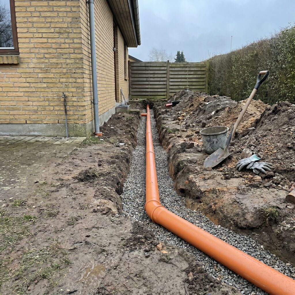 overlap-kloak-jord, sewer_groundwork, detail, outdoor, kloak,afløb,brønd,dræn,udgravning,jordarbejde,faskine,regnvand, Nærbillede af orange kloakrør, grusbund og korrekt fald i åben rende., ved et dansk parcelhus., dansk bolig, håndværk, renovering, vedligeholdelse, pris, tilbud, sewer_groundwork, detail, outdoor, kloak,afløb,brønd,dræn,udgravning,jordarbejde,faskine,regnvand