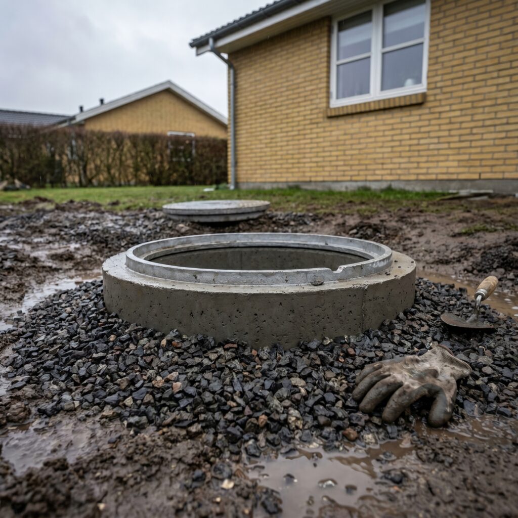 overlap-kloak-jord, sewer_groundwork, detail, outdoor, kloak,afløb,brønd,dræn,udgravning,jordarbejde,faskine,regnvand, Detalje af betonbrønd, dæksel og ny grus omkring installation., i gråvejr med realistisk våd jord., dansk bolig, håndværk, renovering, vedligeholdelse, pris, tilbud, sewer_groundwork, detail, outdoor, kloak,afløb,brønd,dræn,udgravning,jordarbejde,faskine,regnvand
