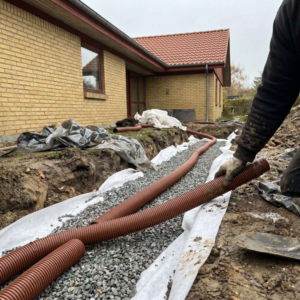 overlap-kloak-jord, sewer_groundwork, detail, outdoor, kloak,afløb,brønd,dræn,udgravning,jordarbejde,faskine,regnvand, Nærbillede af drænrør, geotekstil og singels langs hus., ved et dansk parcelhus., dansk bolig, håndværk, renovering, vedligeholdelse, pris, tilbud, sewer_groundwork, detail, outdoor, kloak,afløb,brønd,dræn,udgravning,jordarbejde,faskine,regnvand