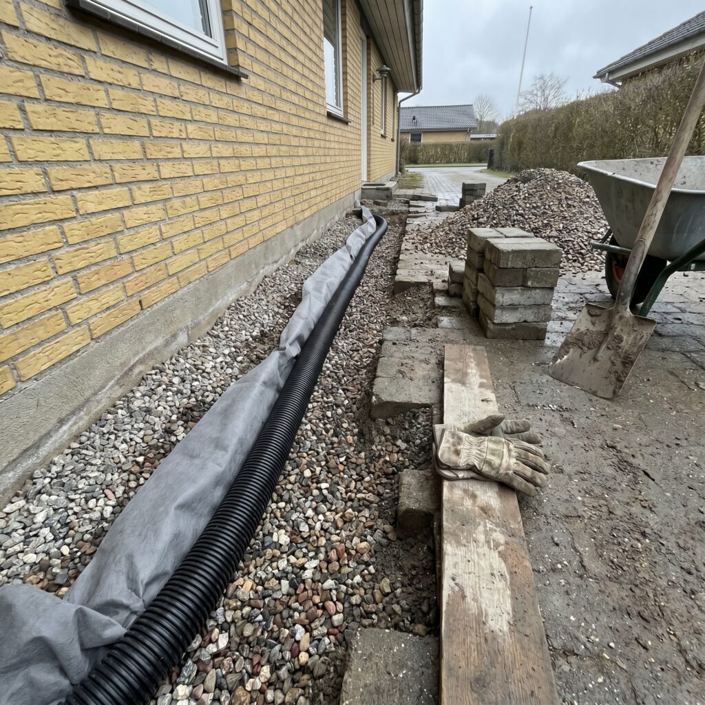 overlap-kloak-jord, sewer_groundwork, detail, outdoor, kloak,afløb,brønd,dræn,udgravning,jordarbejde,faskine,regnvand, Nærbillede af drænrør, geotekstil og singels langs hus., i en indkørsel med grus og belægning., dansk bolig, håndværk, renovering, vedligeholdelse, pris, tilbud, sewer_groundwork, detail, outdoor, kloak,afløb,brønd,dræn,udgravning,jordarbejde,faskine,regnvand