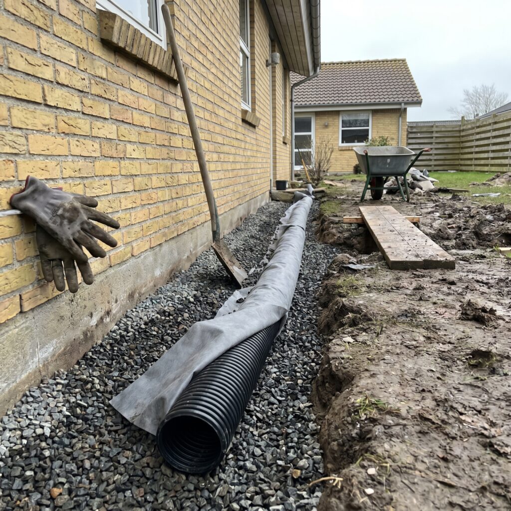 overlap-kloak-jord, sewer_groundwork, detail, outdoor, kloak,afløb,brønd,dræn,udgravning,jordarbejde,faskine,regnvand, Nærbillede af drænrør, geotekstil og singels langs hus., i en baghave under almindeligt jordarbejde., dansk bolig, håndværk, renovering, vedligeholdelse, pris, tilbud, sewer_groundwork, detail, outdoor, kloak,afløb,brønd,dræn,udgravning,jordarbejde,faskine,regnvand