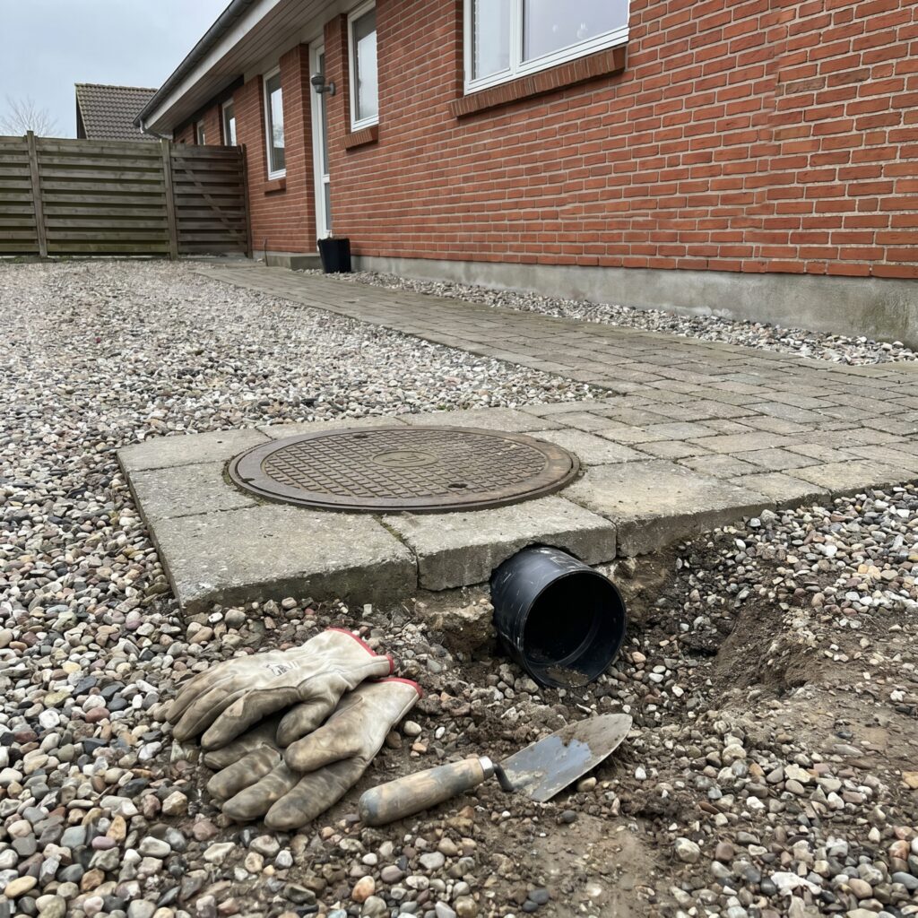 overlap-kloak-jord, sewer_groundwork, detail, outdoor, kloak,afløb,brønd,dræn,udgravning,jordarbejde,faskine,regnvand, Detalje af afløbsrør og rensestykke ved dansk parcelhus., i en indkørsel med grus og belægning., dansk bolig, håndværk, renovering, vedligeholdelse, pris, tilbud, sewer_groundwork, detail, outdoor, kloak,afløb,brønd,dræn,udgravning,jordarbejde,faskine,regnvand