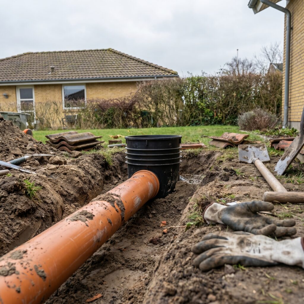 overlap-kloak-jord, sewer_groundwork, detail, outdoor, kloak,afløb,brønd,dræn,udgravning,jordarbejde,faskine,regnvand, Detalje af afløbsrør og rensestykke ved dansk parcelhus., i en baghave under almindeligt jordarbejde., dansk bolig, håndværk, renovering, vedligeholdelse, pris, tilbud, sewer_groundwork, detail, outdoor, kloak,afløb,brønd,dræn,udgravning,jordarbejde,faskine,regnvand