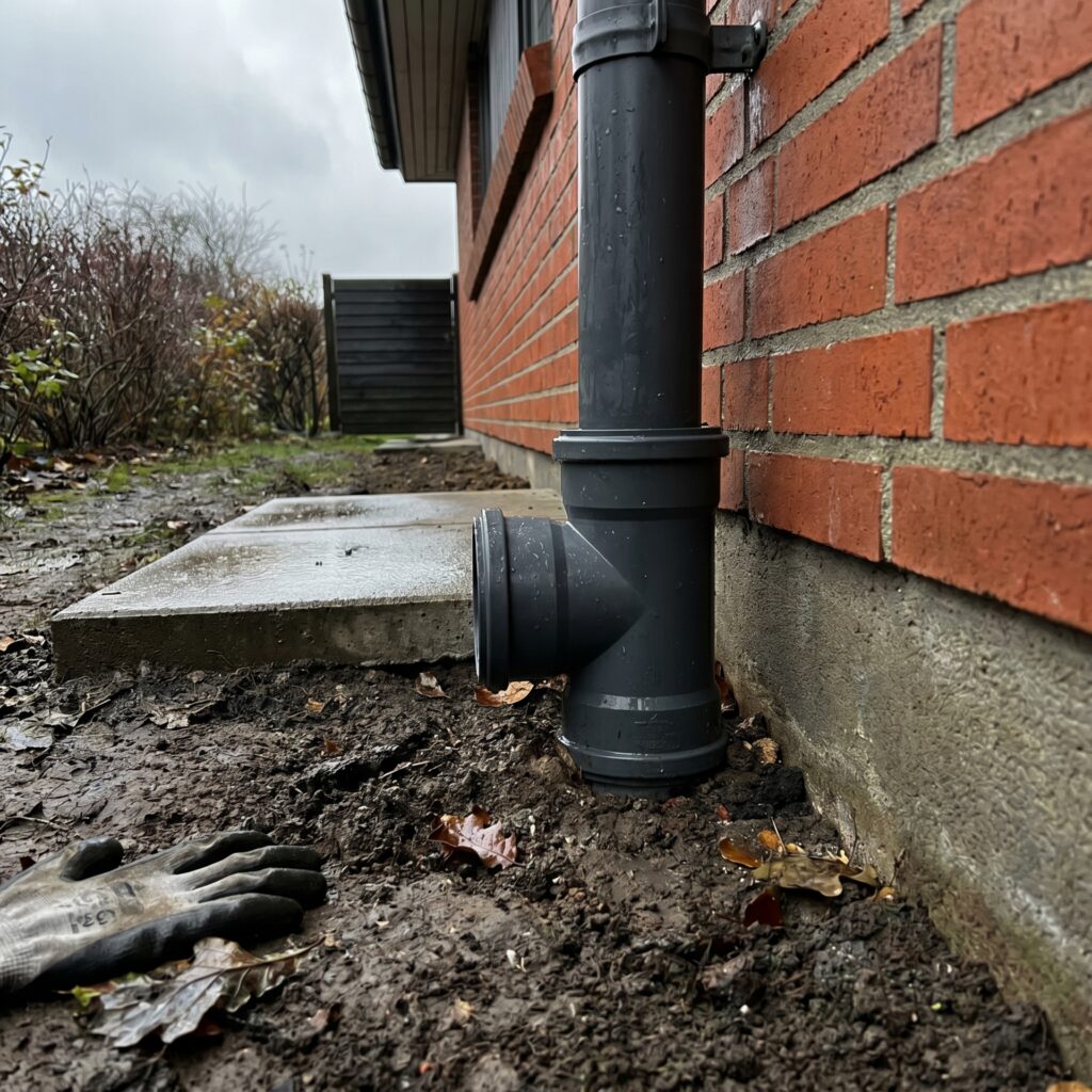 overlap-kloak-jord, sewer_groundwork, detail, outdoor, kloak,afløb,brønd,dræn,udgravning,jordarbejde,faskine,regnvand, Detalje af afløbsrør og rensestykke ved dansk parcelhus., i gråvejr med realistisk våd jord., dansk bolig, håndværk, renovering, vedligeholdelse, pris, tilbud, sewer_groundwork, detail, outdoor, kloak,afløb,brønd,dræn,udgravning,jordarbejde,faskine,regnvand