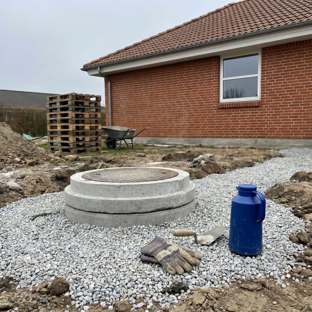 overlap-kloak-jord, sewer_groundwork, detail, outdoor, kloak,afløb,brønd,dræn,udgravning,jordarbejde,faskine,regnvand, Detalje af betonbrønd, dæksel og ny grus omkring installation., ved et dansk parcelhus., dansk bolig, håndværk, renovering, vedligeholdelse, pris, tilbud, sewer_groundwork, detail, outdoor, kloak,afløb,brønd,dræn,udgravning,jordarbejde,faskine,regnvand