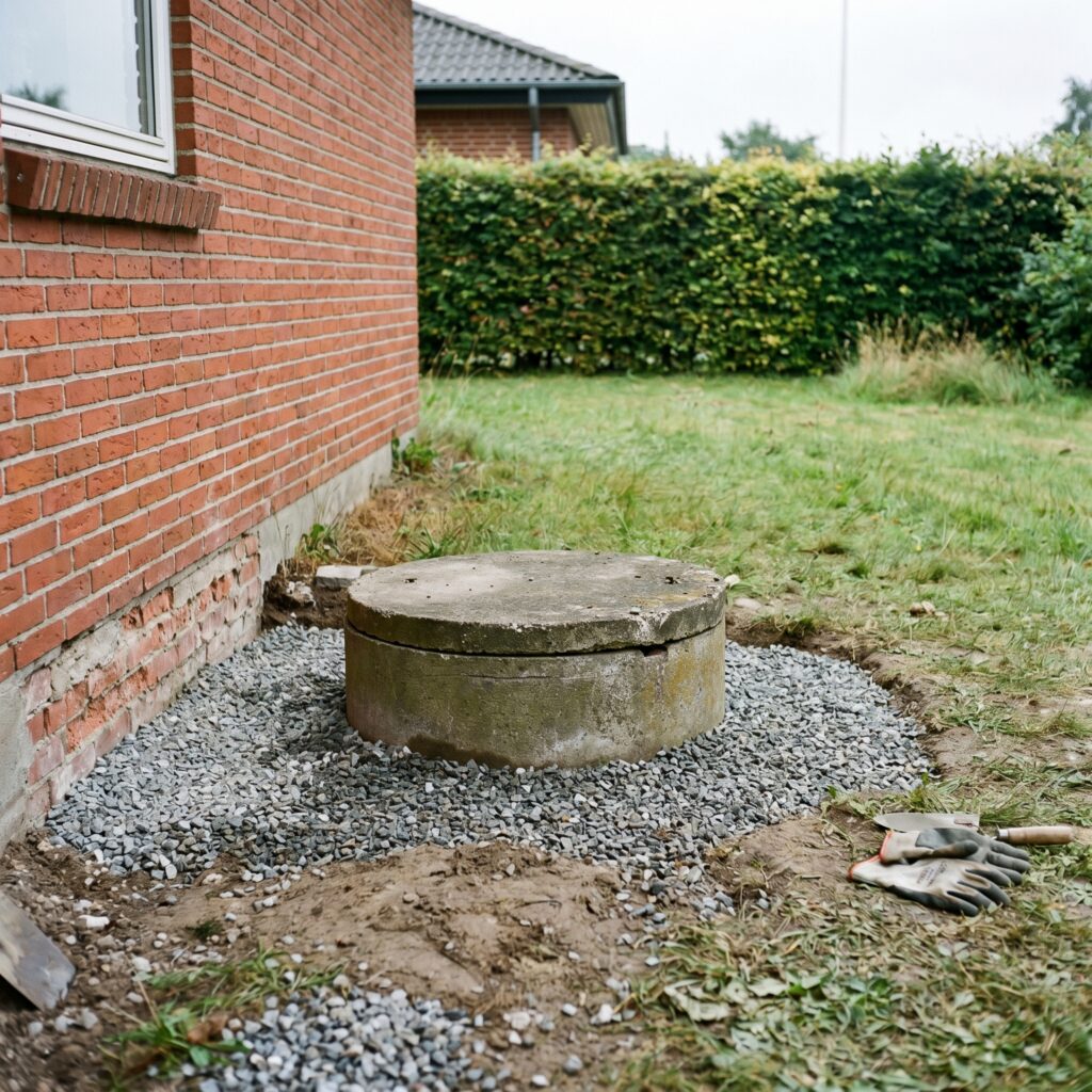 overlap-kloak-jord, sewer_groundwork, detail, outdoor, kloak,afløb,brønd,dræn,udgravning,jordarbejde,faskine,regnvand, Detalje af betonbrønd, dæksel og ny grus omkring installation., langs en sokkel med hæk og græsplæne., dansk bolig, håndværk, renovering, vedligeholdelse, pris, tilbud, sewer_groundwork, detail, outdoor, kloak,afløb,brønd,dræn,udgravning,jordarbejde,faskine,regnvand
