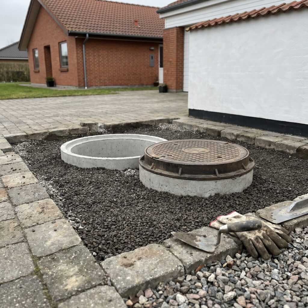overlap-kloak-jord, sewer_groundwork, detail, outdoor, kloak,afløb,brønd,dræn,udgravning,jordarbejde,faskine,regnvand, Detalje af betonbrønd, dæksel og ny grus omkring installation., i en indkørsel med grus og belægning., dansk bolig, håndværk, renovering, vedligeholdelse, pris, tilbud, sewer_groundwork, detail, outdoor, kloak,afløb,brønd,dræn,udgravning,jordarbejde,faskine,regnvand