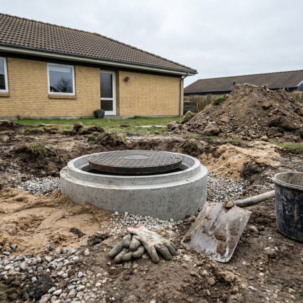 overlap-kloak-jord, sewer_groundwork, detail, outdoor, kloak,afløb,brønd,dræn,udgravning,jordarbejde,faskine,regnvand, Detalje af betonbrønd, dæksel og ny grus omkring installation., i en baghave under almindeligt jordarbejde., dansk bolig, håndværk, renovering, vedligeholdelse, pris, tilbud, sewer_groundwork, detail, outdoor, kloak,afløb,brønd,dræn,udgravning,jordarbejde,faskine,regnvand