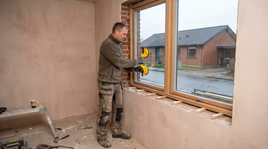 overlap-vinduer-doere, windows_doors, work, mixed, vinduer,døre,glas,karme,fuger,fugebånd,tætning,udskiftning,vedligehold, Håndværker monterer vindue med sugekop og afstandsklodser i dansk bolig., i almindeligt overskyet dagslys., dansk bolig, håndværk, renovering, vedligeholdelse, pris, tilbud, windows_doors, work, mixed, vinduer,døre,glas,karme,fuger,fugebånd,tætning,udskiftning,vedligehold