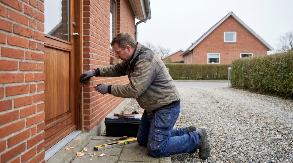 overlap-vinduer-doere, windows_doors, work, mixed, vinduer,døre,glas,karme,fuger,fugebånd,tætning,udskiftning,vedligehold, Tømrer justerer yderdør og tætning ved dansk parcelhus., på en rød murstensvilla., dansk bolig, håndværk, renovering, vedligeholdelse, pris, tilbud, windows_doors, work, mixed, vinduer,døre,glas,karme,fuger,fugebånd,tætning,udskiftning,vedligehold