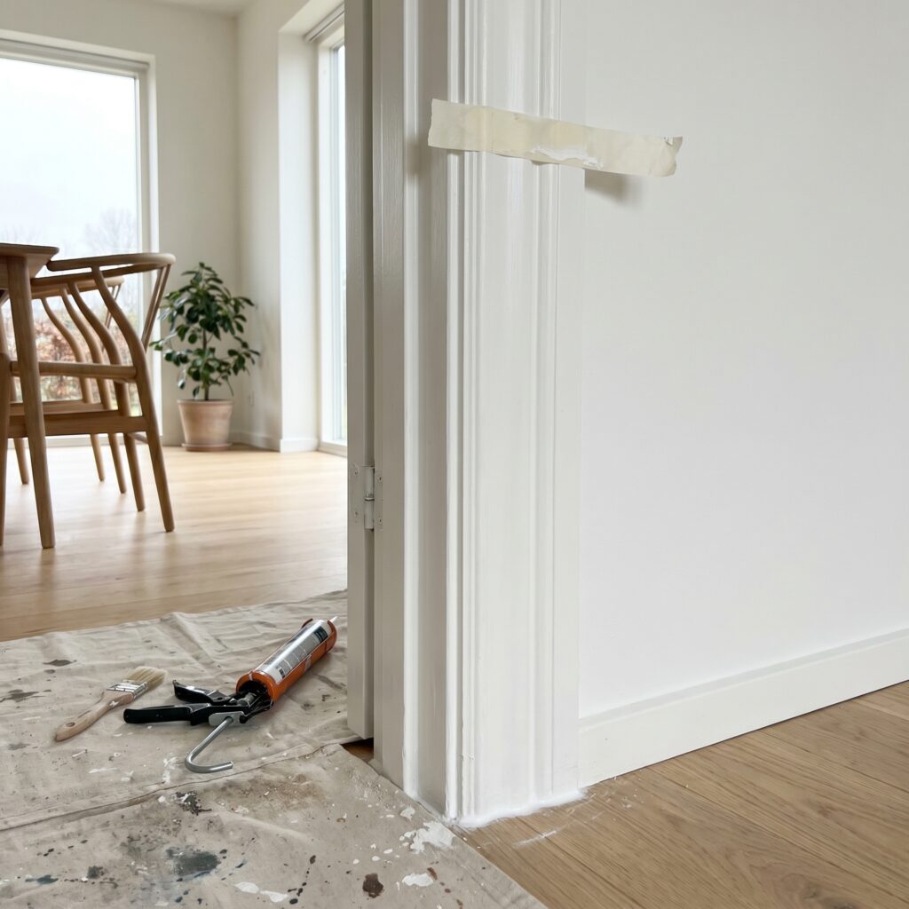 overlap-vinduer-doere, windows_doors, detail, mixed, vinduer,døre,glas,karme,fuger,fugebånd,tætning,udskiftning,vedligehold, Nærbillede af dørkarm med justeret fuge og malet træværk., i en lys dansk stue., dansk bolig, håndværk, renovering, vedligeholdelse, pris, tilbud, windows_doors, detail, mixed, vinduer,døre,glas,karme,fuger,fugebånd,tætning,udskiftning,vedligehold