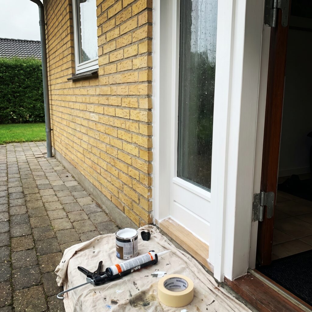 overlap-vinduer-doere, windows_doors, detail, mixed, vinduer,døre,glas,karme,fuger,fugebånd,tætning,udskiftning,vedligehold, Nærbillede af dørkarm med justeret fuge og malet træværk., ved hoveddøren på et parcelhus., dansk bolig, håndværk, renovering, vedligeholdelse, pris, tilbud, windows_doors, detail, mixed, vinduer,døre,glas,karme,fuger,fugebånd,tætning,udskiftning,vedligehold