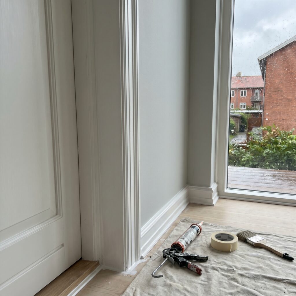 overlap-vinduer-doere, windows_doors, detail, mixed, vinduer,døre,glas,karme,fuger,fugebånd,tætning,udskiftning,vedligehold, Nærbillede af dørkarm med justeret fuge og malet træværk., i almindeligt overskyet dagslys., dansk bolig, håndværk, renovering, vedligeholdelse, pris, tilbud, windows_doors, detail, mixed, vinduer,døre,glas,karme,fuger,fugebånd,tætning,udskiftning,vedligehold