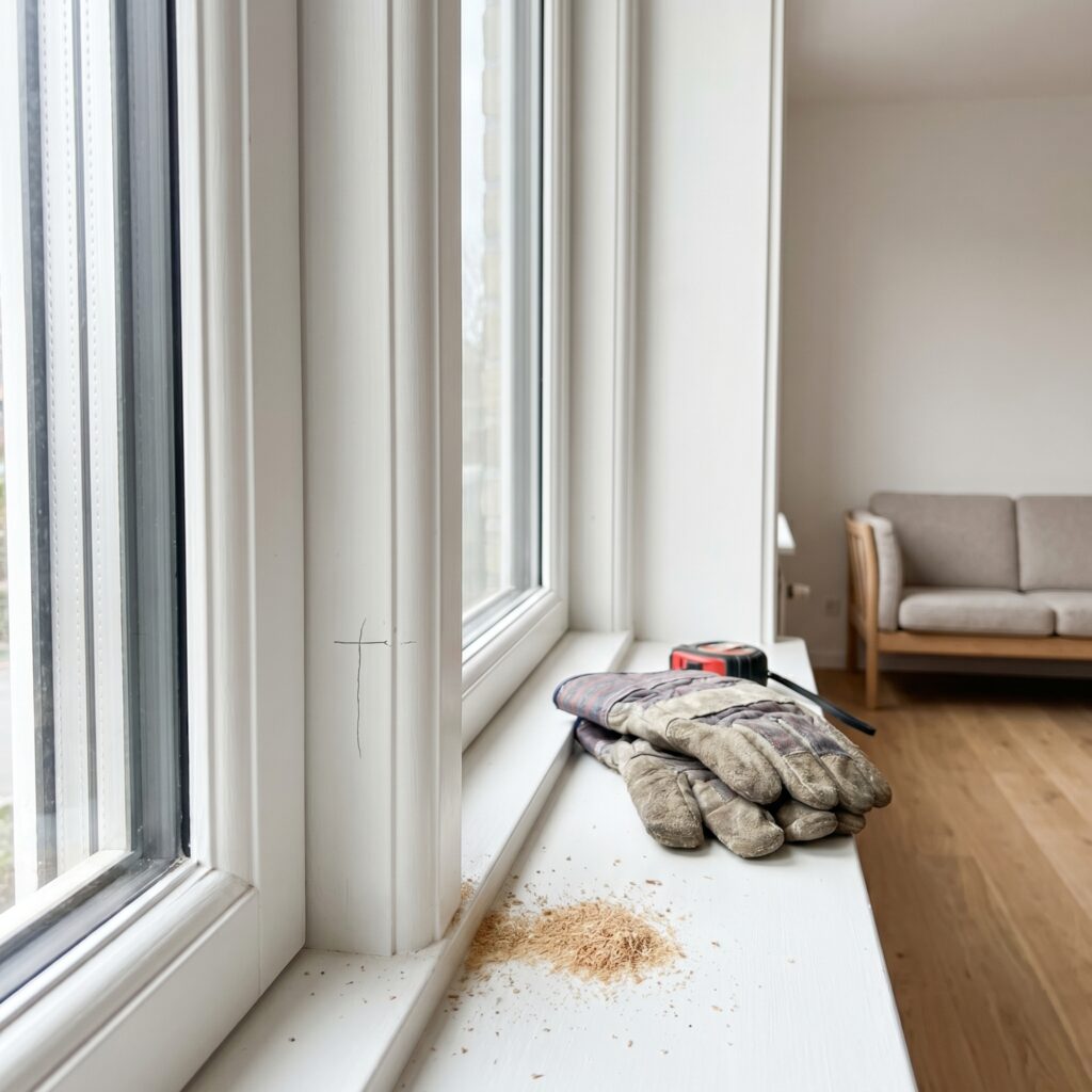 overlap-vinduer-doere, windows_doors, detail, mixed, vinduer,døre,glas,karme,fuger,fugebånd,tætning,udskiftning,vedligehold, Detalje af termorude, glasliste og hvid vinduesramme., i en lys dansk stue., dansk bolig, håndværk, renovering, vedligeholdelse, pris, tilbud, windows_doors, detail, mixed, vinduer,døre,glas,karme,fuger,fugebånd,tætning,udskiftning,vedligehold