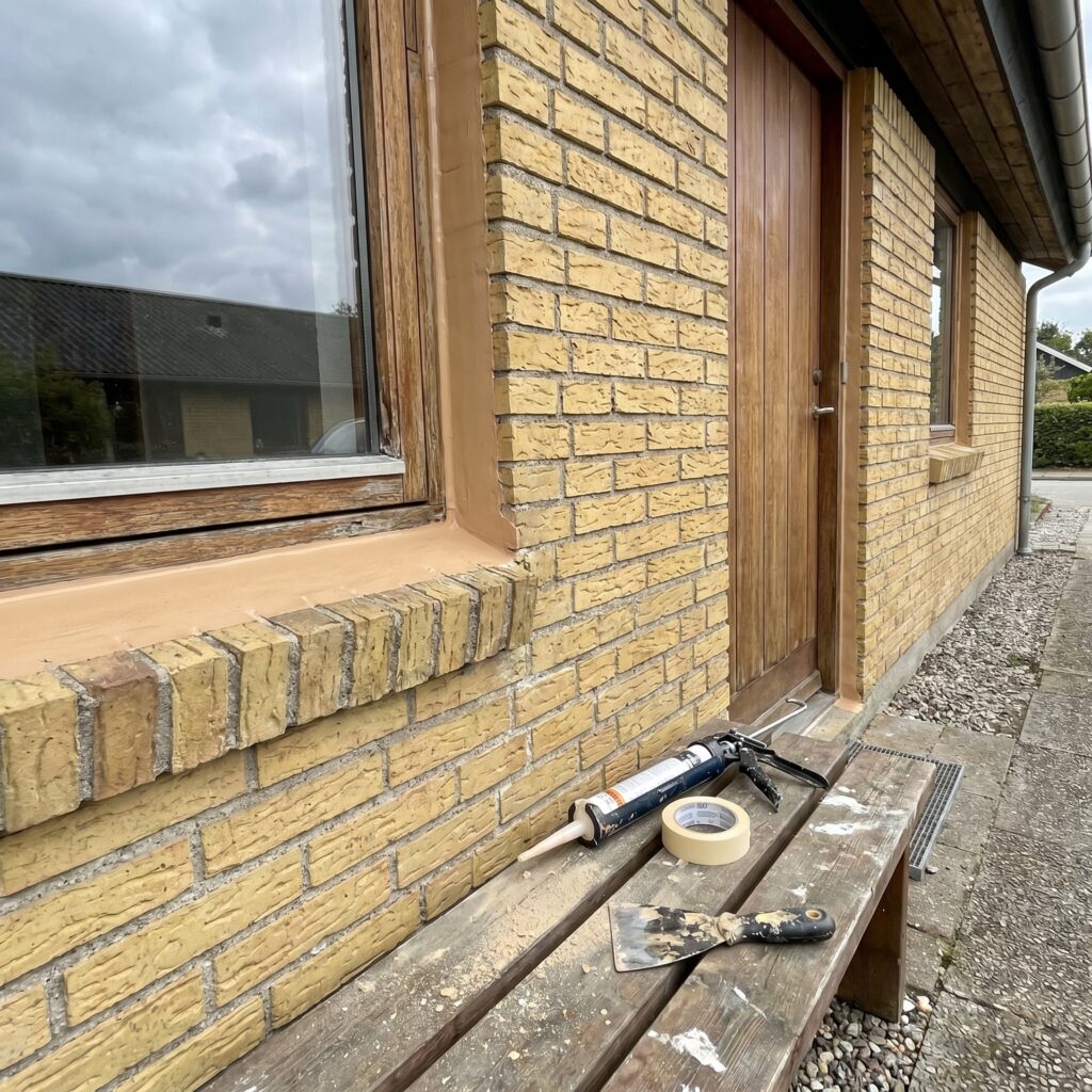 overlap-vinduer-doere, windows_doors, detail, mixed, vinduer,døre,glas,karme,fuger,fugebånd,tætning,udskiftning,vedligehold, Nærbillede af vinduesfuge, karm og murværk med ny tætning., ved hoveddøren på et parcelhus., dansk bolig, håndværk, renovering, vedligeholdelse, pris, tilbud, windows_doors, detail, mixed, vinduer,døre,glas,karme,fuger,fugebånd,tætning,udskiftning,vedligehold