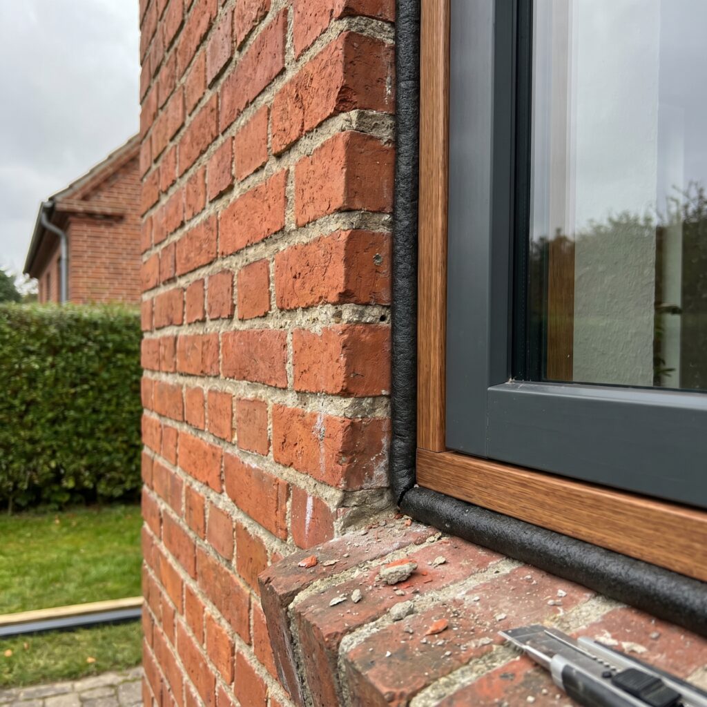 overlap-vinduer-doere, windows_doors, detail, mixed, vinduer,døre,glas,karme,fuger,fugebånd,tætning,udskiftning,vedligehold, Detalje af fugebånd omkring nyt vindue i dansk murstensfacade., på en rød murstensvilla., dansk bolig, håndværk, renovering, vedligeholdelse, pris, tilbud, windows_doors, detail, mixed, vinduer,døre,glas,karme,fuger,fugebånd,tætning,udskiftning,vedligehold