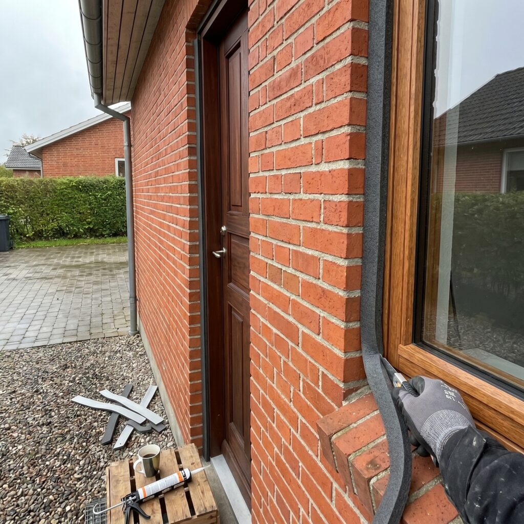 overlap-vinduer-doere, windows_doors, detail, mixed, vinduer,døre,glas,karme,fuger,fugebånd,tætning,udskiftning,vedligehold, Detalje af fugebånd omkring nyt vindue i dansk murstensfacade., ved hoveddøren på et parcelhus., dansk bolig, håndværk, renovering, vedligeholdelse, pris, tilbud, windows_doors, detail, mixed, vinduer,døre,glas,karme,fuger,fugebånd,tætning,udskiftning,vedligehold