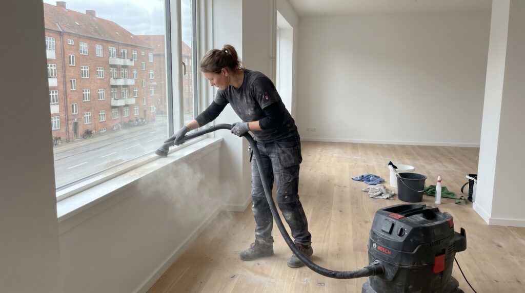 rengøring, hovedrengøring, renovering, lejlighed, byggestøv, vindueskarme, gulv, professionel, dansk bolig, efter håndværker, nyt gulv, hvide vægge, udstyr, grundig, støvfjernelse, resultat, indflytning, hus, parcelhus, planlægning