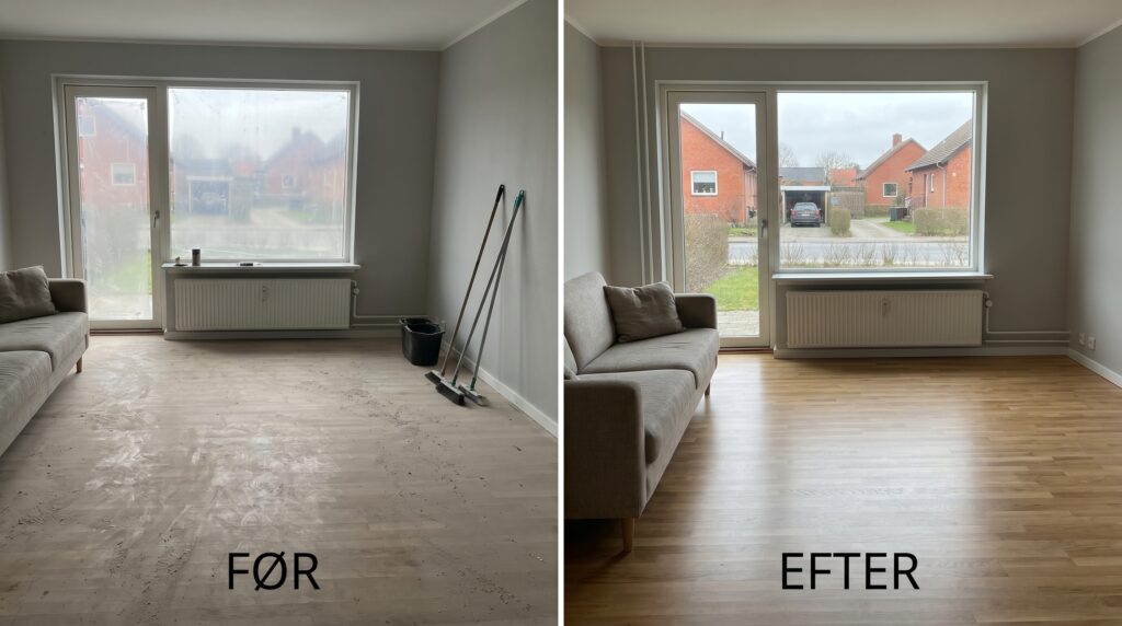rengøring, før og efter, støv, håndværker, dansk rum, transformation, blanke gulve, rene vinduer, professionel, resultat, sammenligning, split-screen, overflader, grundig, forbedring, dramatisk, effekt