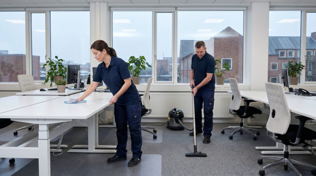 rengøring, kontor, team, uniform, kontorlandskab, skriveborde, støvsuger, mikrofiberklud, professionel, dansk kontor, erhvervsrengøring, moderne, ergonomisk, vinduer, overflader, daglig rengøring, pris, tilbud, hus, bolig