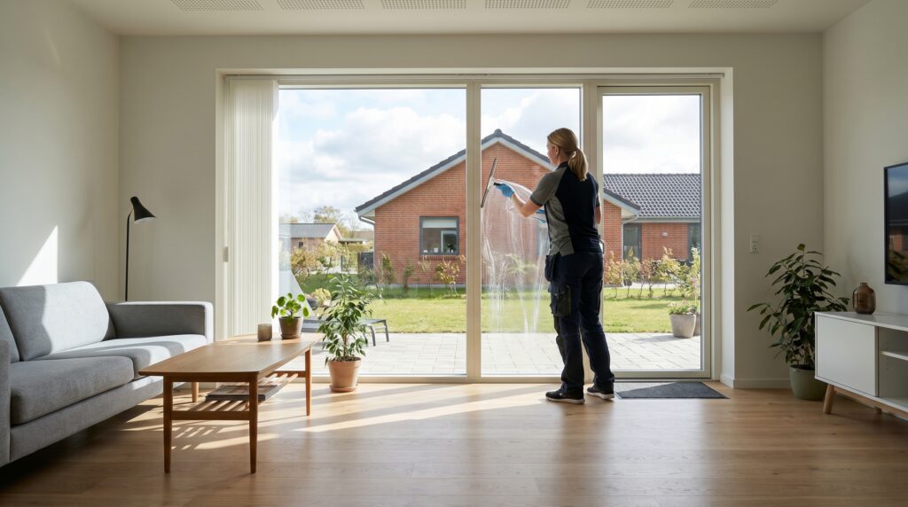 rengøring, vinduer, pudsning, skraber, vinduesvasker, dansk stue, sollys, forskel, glas, minimalistisk, skandinavisk, indvendig, lys, professionel, resultat, stor rude, indretning