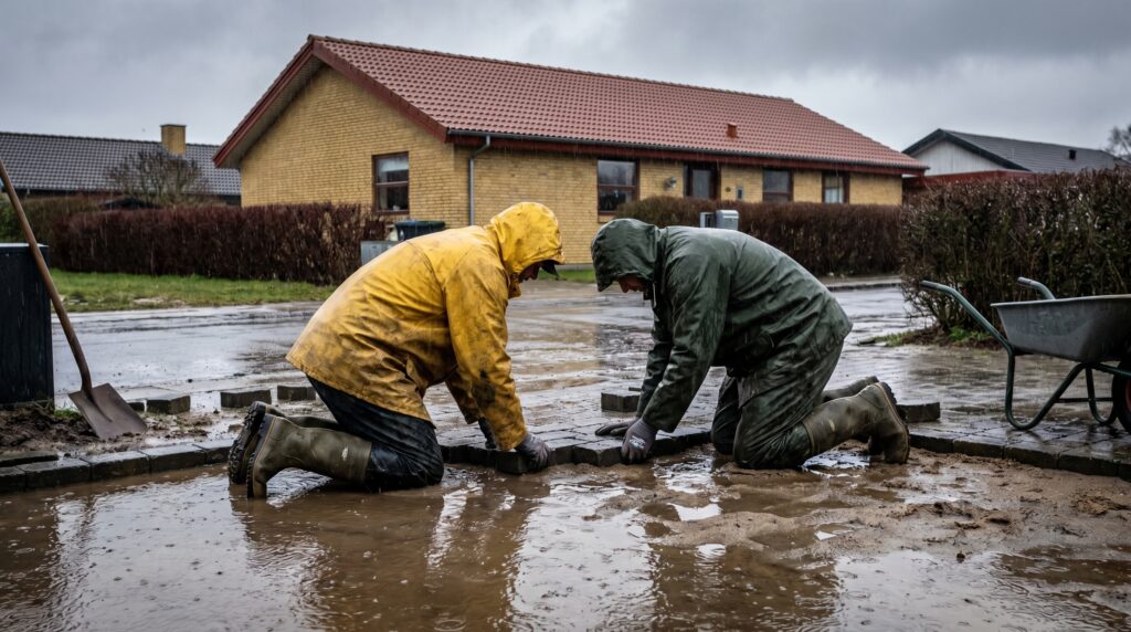 regnvejr, udendørs arbejde, regnjakker, gummistøvler, belægningssten, indkørsel, pytter, dansk, vådt, håndværkere, sæsonarbejde, vejrudfordring, byggeri, anlæg, hårdt vejr, vedholdenhed