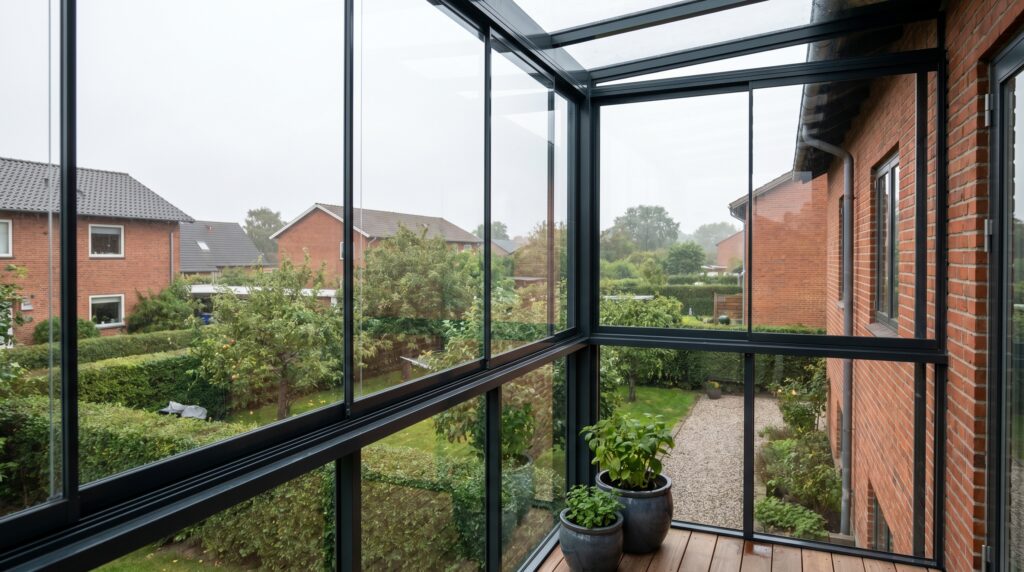 smed, glasinddækning, altan, stålprofiler, hærdet glas, etagebolig, dansk arkitektur, moderne, resultat, udsigt, skandinavisk, metalarbejde, balkon, vindafskærmning, boligforbedring, slanke profiler, sort stål