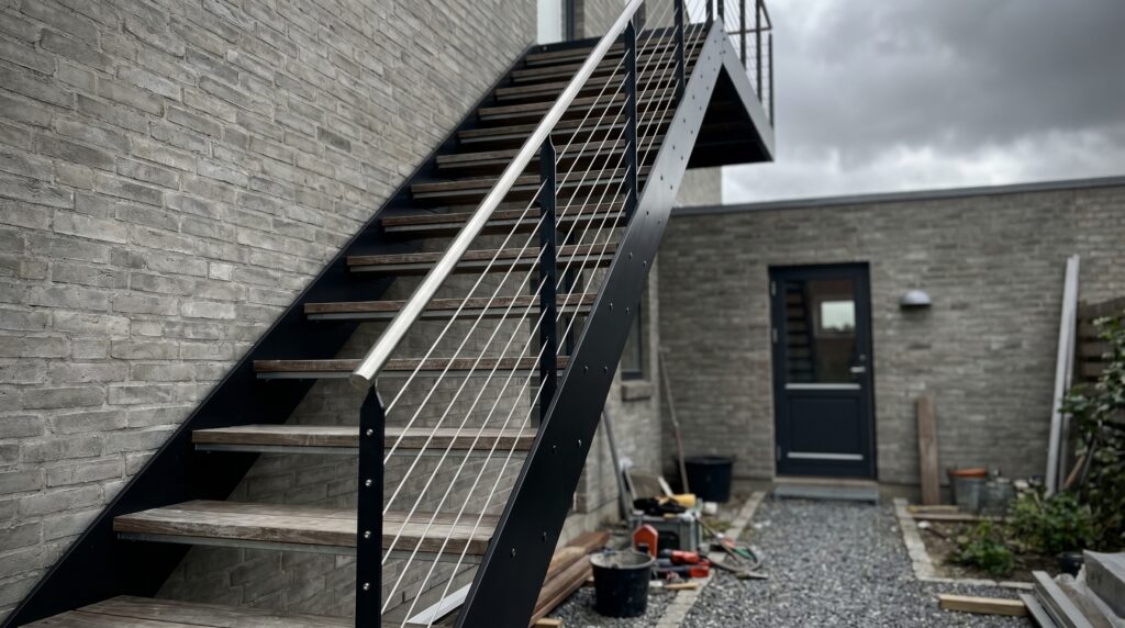 smed, ståltrappe, udvendig trappe, vanger, trætrin, wire-gelænder, byhus, dansk arkitektur, industrielt design, sortmalet, metalarbejde, første sal, murværk, moderne, skandinavisk, konstruktion, trappe