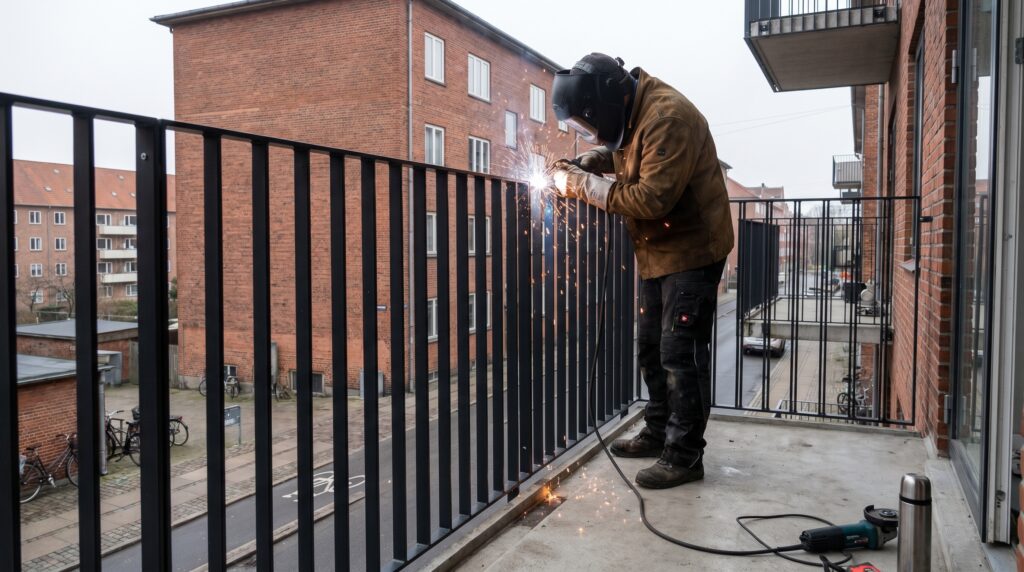 smed, svejsning, gelænder, stål, altan, MIG-svejser, gnister, beskyttelsesudstyr, pulverlakering, dansk arkitektur, metalarbejde, moderne design, sprosser, balkon, svejsehjelm, håndværk, hus, bolig, pris, tilbud