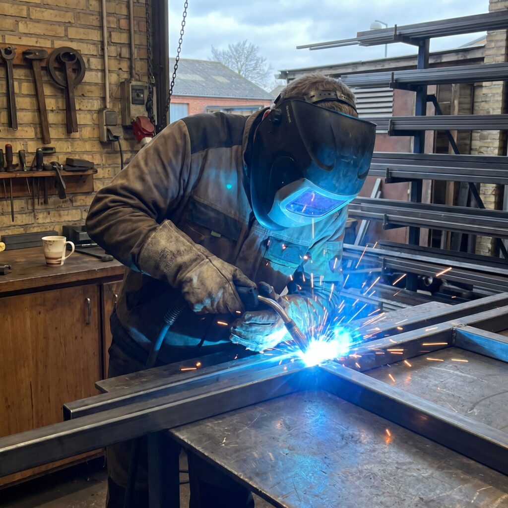 smed, svejsning, værksted, gnister, svejselys, stålprofiler, nærbillede, metalarbejde, præcision, håndværk, dansk værksted, værktøj, arbejdsbord, industrielt, blåt lys, stålsamling, smedeværksted