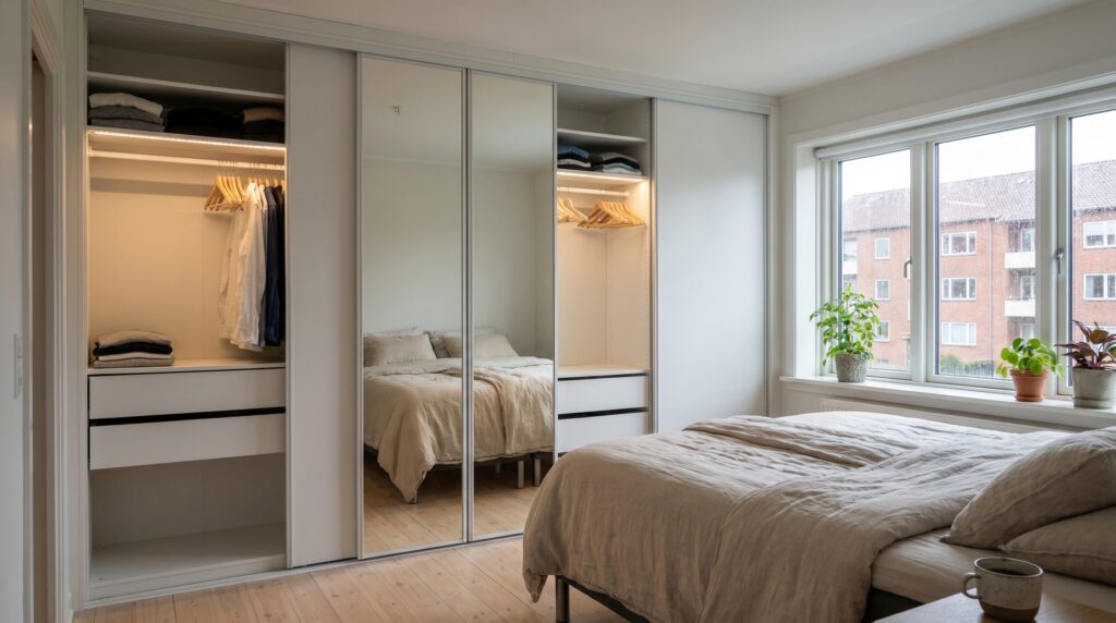 snedker, garderobeskab, skydelåger, indbygget skab, spejl, soveværelse, opbevaring, gulv til loft, skræddersyet, skabsløsning, walk-in, garderobe pris, indretning, skab på mål, garderobeløsning, pladsudnyttelse, snedkerlavet