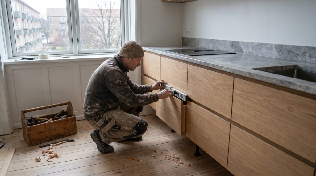 snedker, køkken, speciallavet køkken, montering, egetræ, skuffer, snedkerkøkken, håndlavet, kvalitet, massiv eg, køkkenmontage, køkken pris, dansk design, griffelfrit, push-open, køkkenmontering, snedkerfirma, skræddersyet