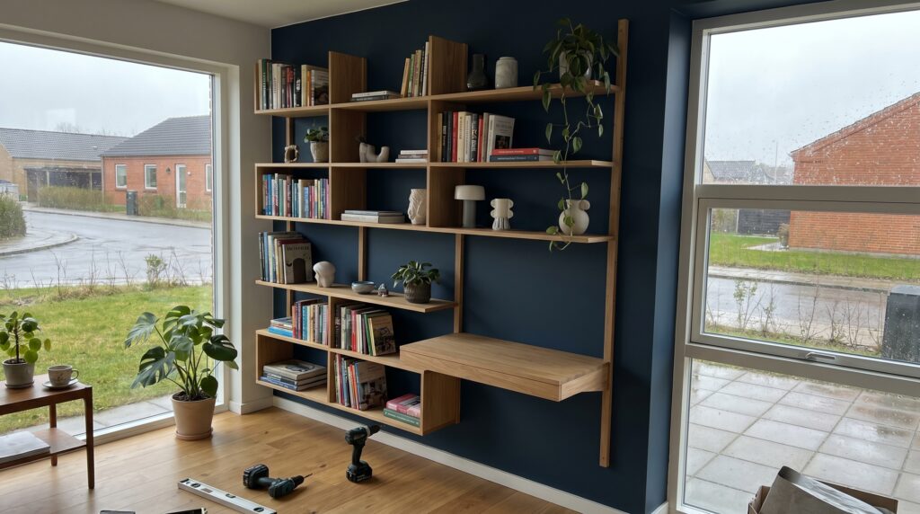 snedker, reol, bogreol, egetræ, speciallavet, stue, hylder, skrivebord, asymmetrisk, vægmonteret, opbevaring, indretning, dansk design, snedkerreol, møbel på mål, reolsystem, indbygget reol, snedkerarbejde