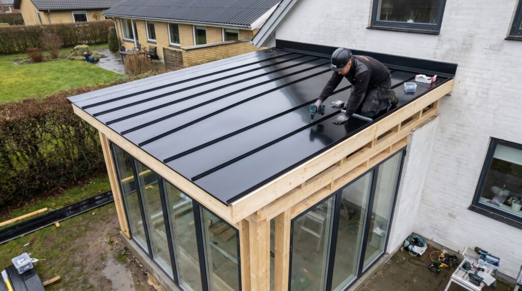 tagdækker, ståltag, tagplader, montering, akkuskruemaskine, tilbygning, sort tag, ståltagplade, metallag, tagbeklædning, profilplader, skruer, moderne, arkitektur, nyt tag, tagplade montering, stål