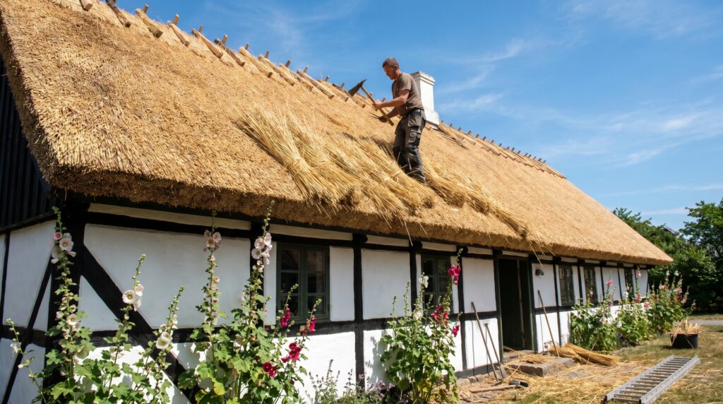 tagdækker, stråtag, tækkemand, rygning, patkost, tækkenåle, bindingsværk, dansk hus, tradition, stråtagshus, tækning, tagrør, reetdach, rygdækning, landlig, sommerhus, fredede bygninger, kulturarv