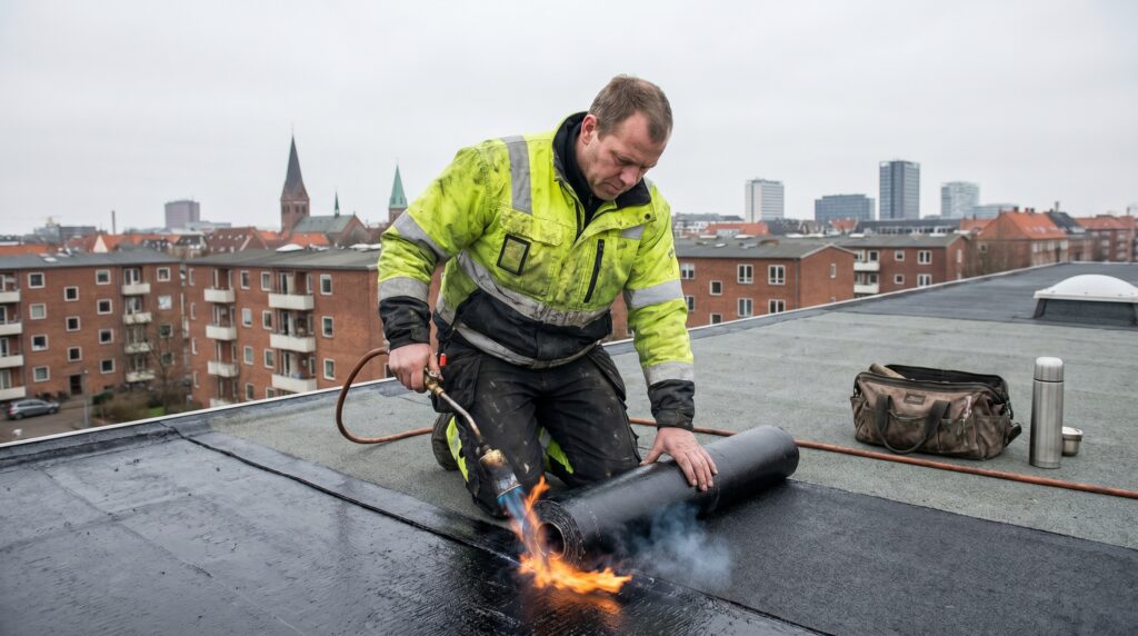 tagdækker, tagpap, bitumen, fladt tag, gasbrænder, svejsning, tagpapdækning, vandtætning, tagfilt, reparation, flat roof, tagpap rulle, etageejendom, tagdækning, professionel, tagpap tag, overliggere, tagdækker firma