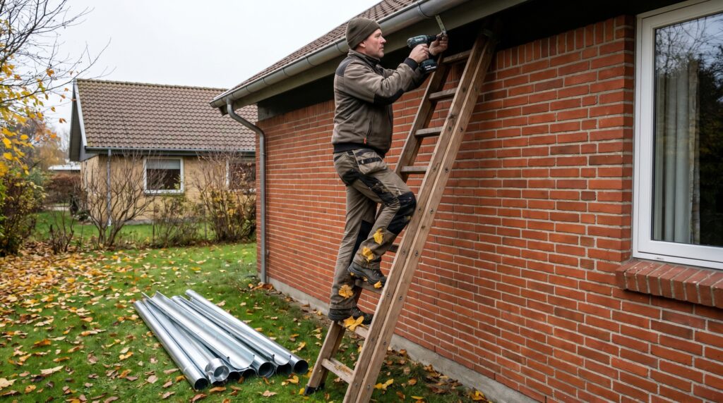 tagdækker, tagrende, nedløbsrør, zink, montering, stige, rendejern, tagafvanding, regnvand, udskiftning tagrende, zinktagrende, kobber, rende, afløb, facade, murstenshus, tagrender pris, tagrendemontering