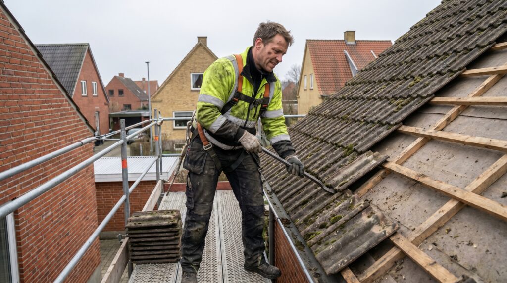 tømrer, tag, tagarbejde, renovering, udendørs, parcelhus, professionel, sikkerhed, tagsten, lægter, sele, faldsikring, betontagsten, tagudskiftning, fjernelse, nedtagning, dansk parcelhus, forstad, overskyet, tagkonstruktion, hus, pris, tilbud