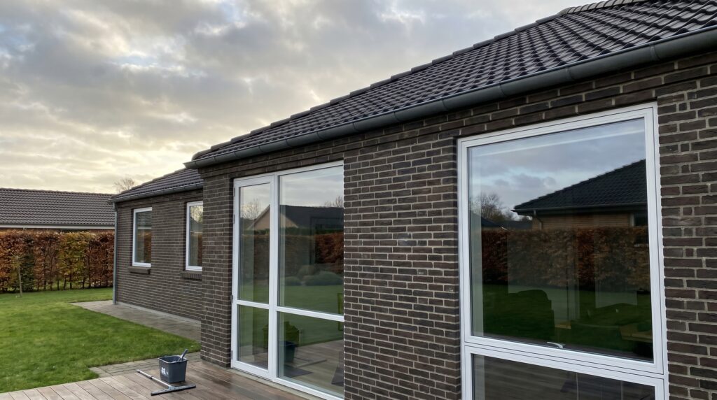 vinduespolering, resultat, blanke vinduer, parcelhus, refleksion, krystalklar, dansk, sollys, hvide rammer, teglsten, have, grøn, veltrimmet, effekt, rent glas, facade, funkler, hus, bolig