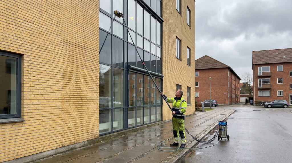 vinduespolering, teleskopstang, vandtilførsel, øverste etager, kontorbygning, dansk, fortov, ioniseret vand, store ruder, moderne facade, professionel, udvendig, teknik, sikkerhed, højde, gul facade, rent vand