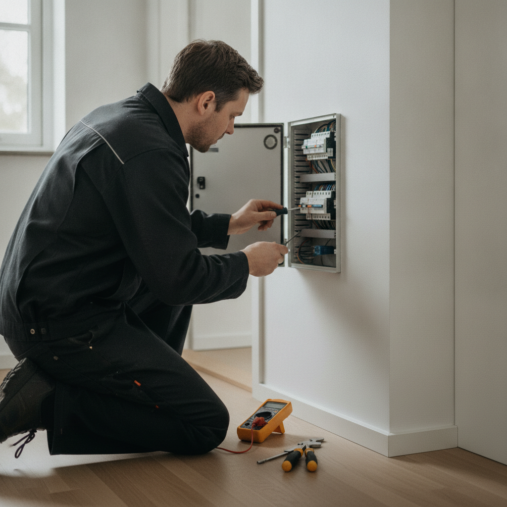 elektriker, autoriseret elektriker, elinstallatør, elarbejde, eltavle, gruppetavle, hpfi, rcd, sikringer, elinstallation, fejlfinding, dokumentation, sikkerhed, indendørs, parcelhus, dansk hjem, værktøj, isoleret værktøj, kabler, renovering, professionel, hus, bolig, håndværker