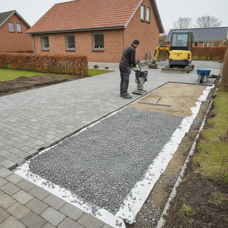 Belægning i indkørsel: Opbygning, bærelag, dræn, materialer og prisniveau