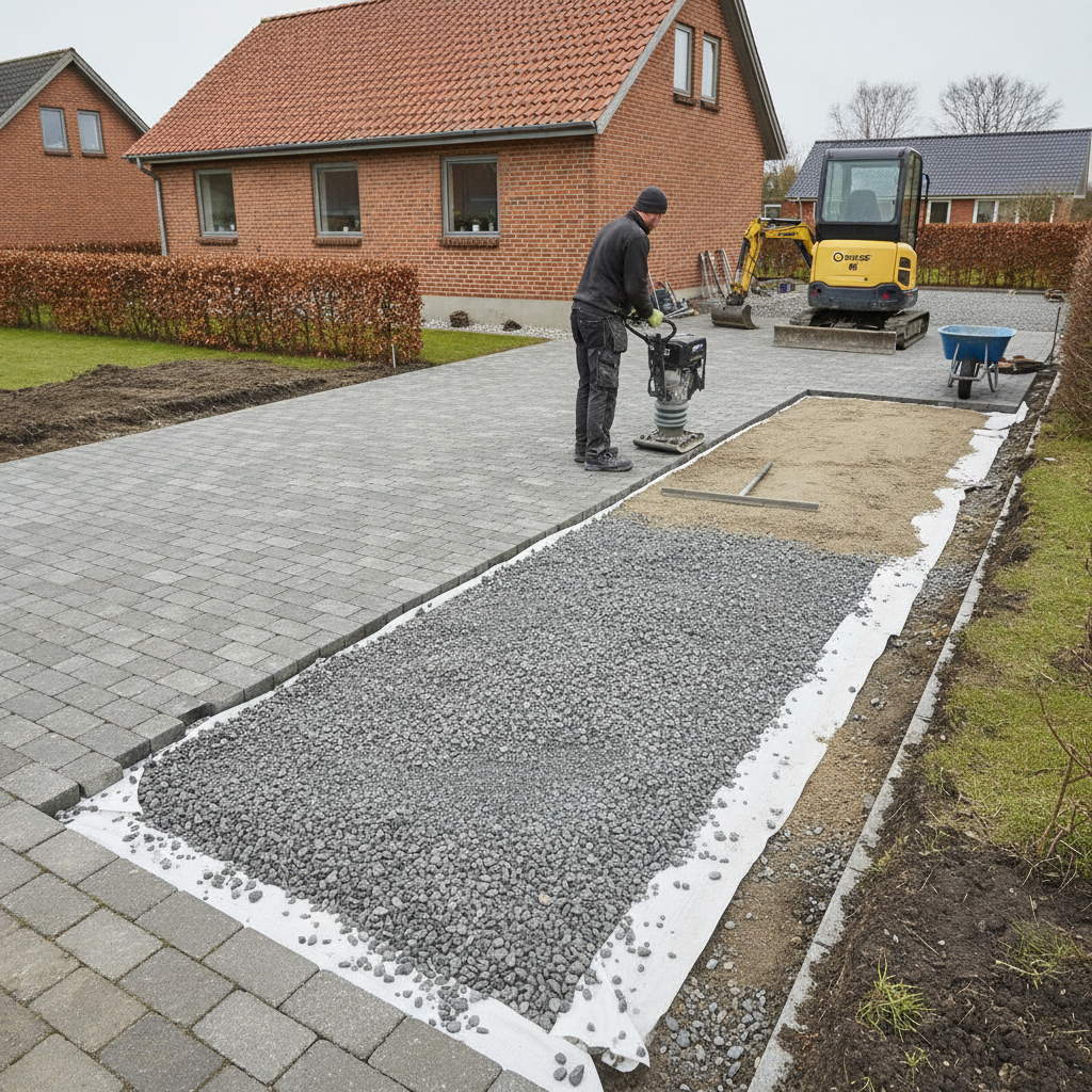 Belægning i indkørsel: Opbygning, bærelag, dræn, materialer og prisniveau