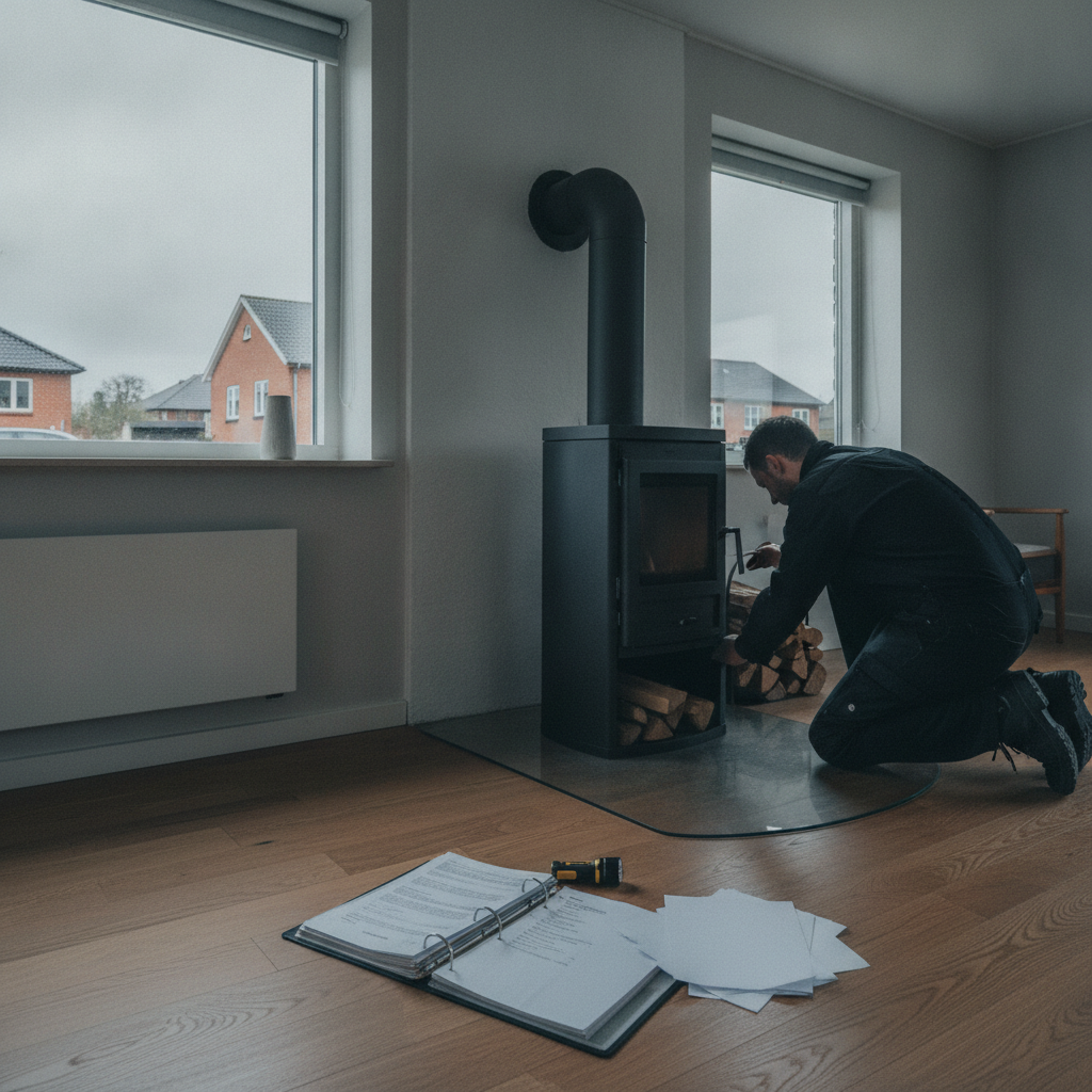 skorstensfejer, brændeovn, brændeovnsregler, dokumentation, prøvningsattest, ejerskifte, installation, afstandskrav, udledning, partikelforurening, sikkerhed, indendørs, stue, parcelhus, skorsten, røgrør, brænde, gulvplade, kontrol, vedligeholdelse, dansk hjem, hus, bolig, håndværker