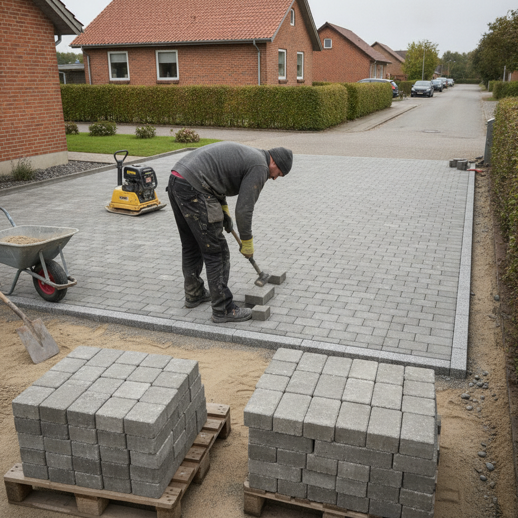 Belægning ved dansk bolig med fliser og sten