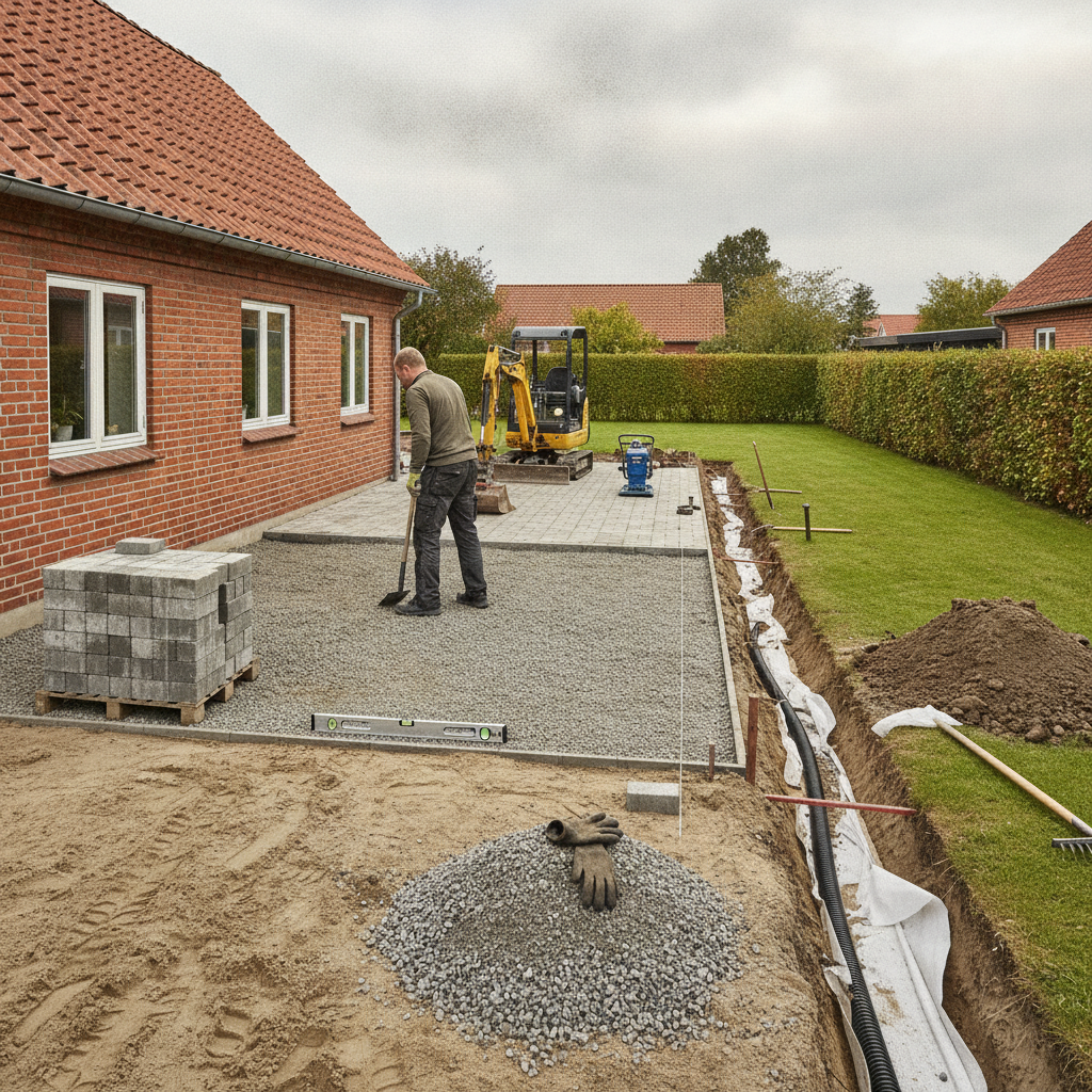 anlægsgartner, haveanlæg, belægning, indkørsel, terrasse, dræn, afvanding, jordarbejde, bundopbygning, fald, komprimering, vibrationsplade, minigraver, udendørs, parcelhus, mursten, tagsten, betonfliser, grus, geotekstil, renovering, byggeplads, professionel, hus, bolig, håndværker, pris, tilbud