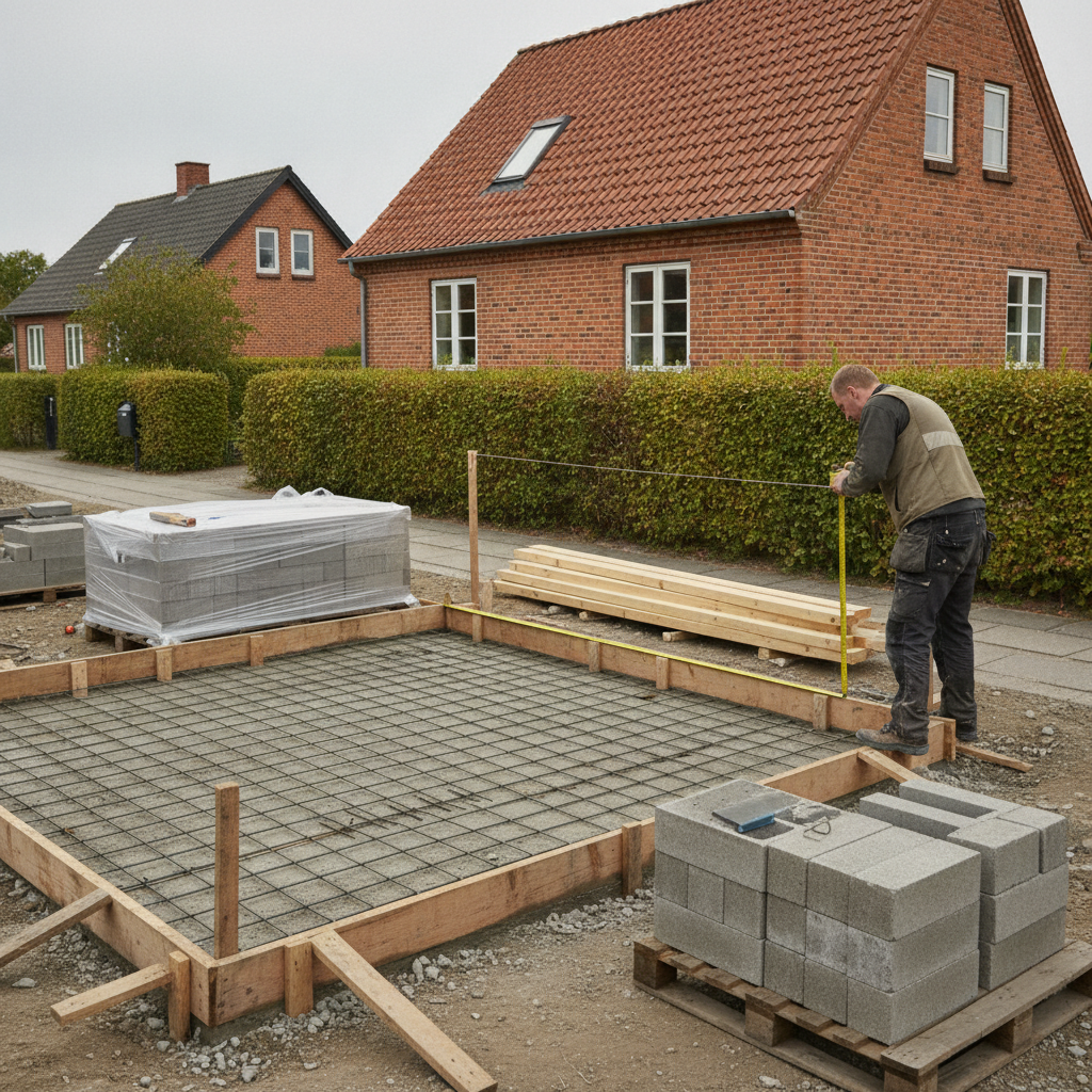 tømrer, garagebyggeri, byggetilladelse, regler, afstand til skel, udendørs, parcelhus, villakvarter, fundament, beton, armering, forskalling, jordarbejde, byggeri, byggeplads, garageport, materialer, opmåling, planlægning, professionel, dansk hus, renovering, pris, tilbud, hus, bolig, håndværker
