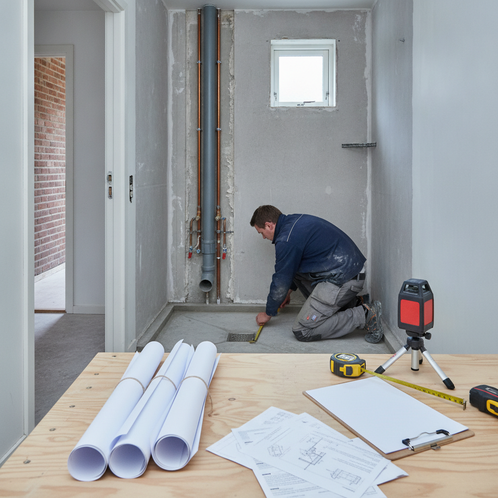 vvs, byggetilladelse, badeværelse, badeværelsesrenovering, nyt badeværelse, indendørs, parcelhus, dansk bolig, vådrum, vådrumsmembran, gulvafløb, fald mod afløb, rørinstallation, afløb, ventilation, dokumentation, plantegning, byggeregler, br18, renovering, professionel, byggeprojekt, hus, bolig, håndværker